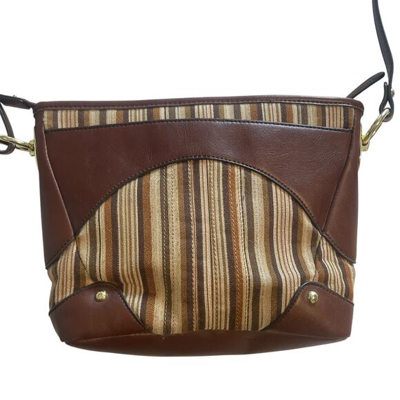 Etienne Aigner Brown Striped Bag Womens Leather Trim Handbag Purse - Picture 4 of 14